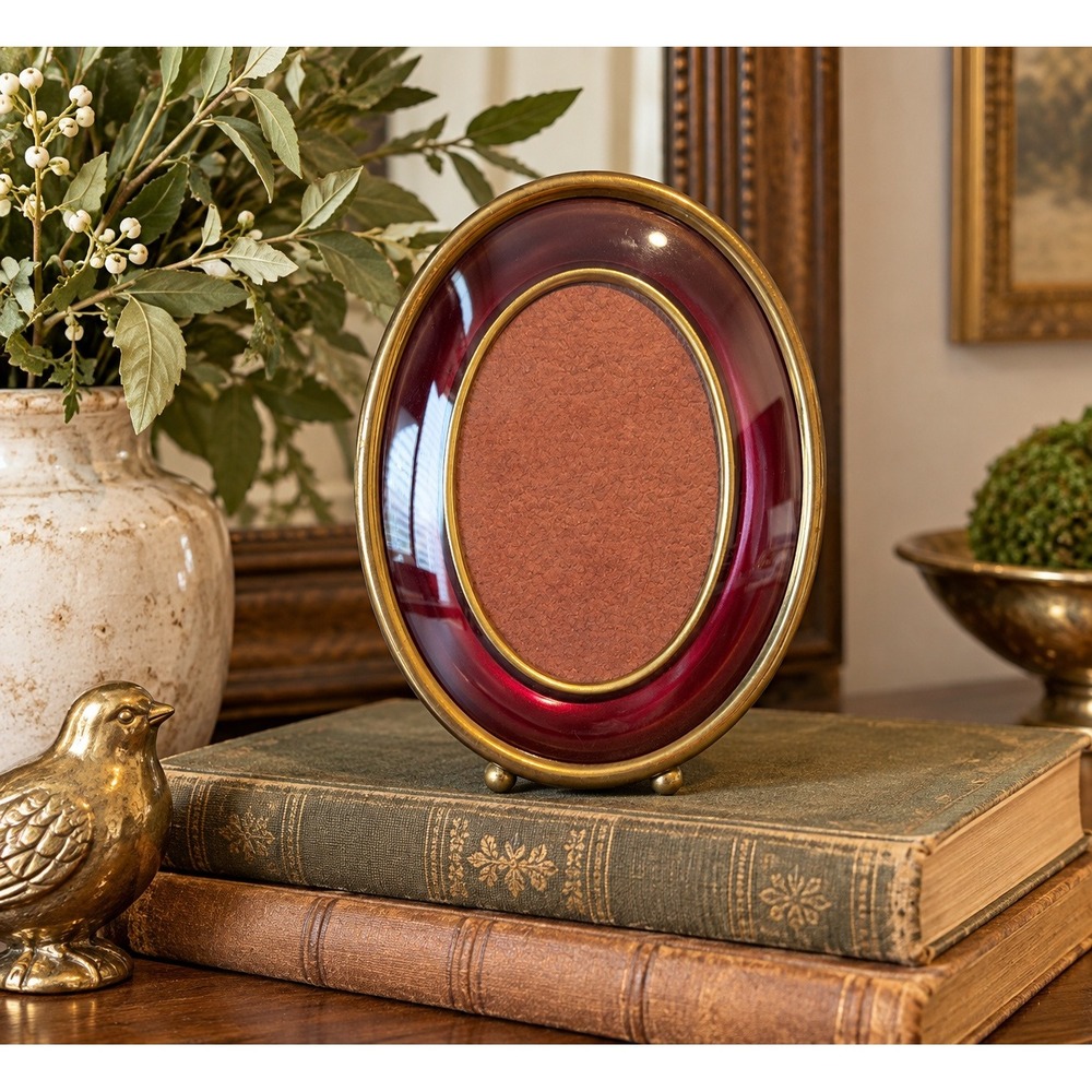 Vtg Oval Brass Bubble Glass Picture Frame Red Enamel Convex Shadow Box 5.75x4.5